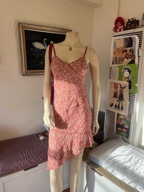 Women's 100% silk red/pink Floral Slip Dress